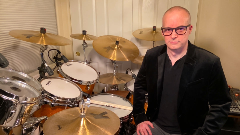 Justin Matz teaching drums online with high-quality video and audio setup.