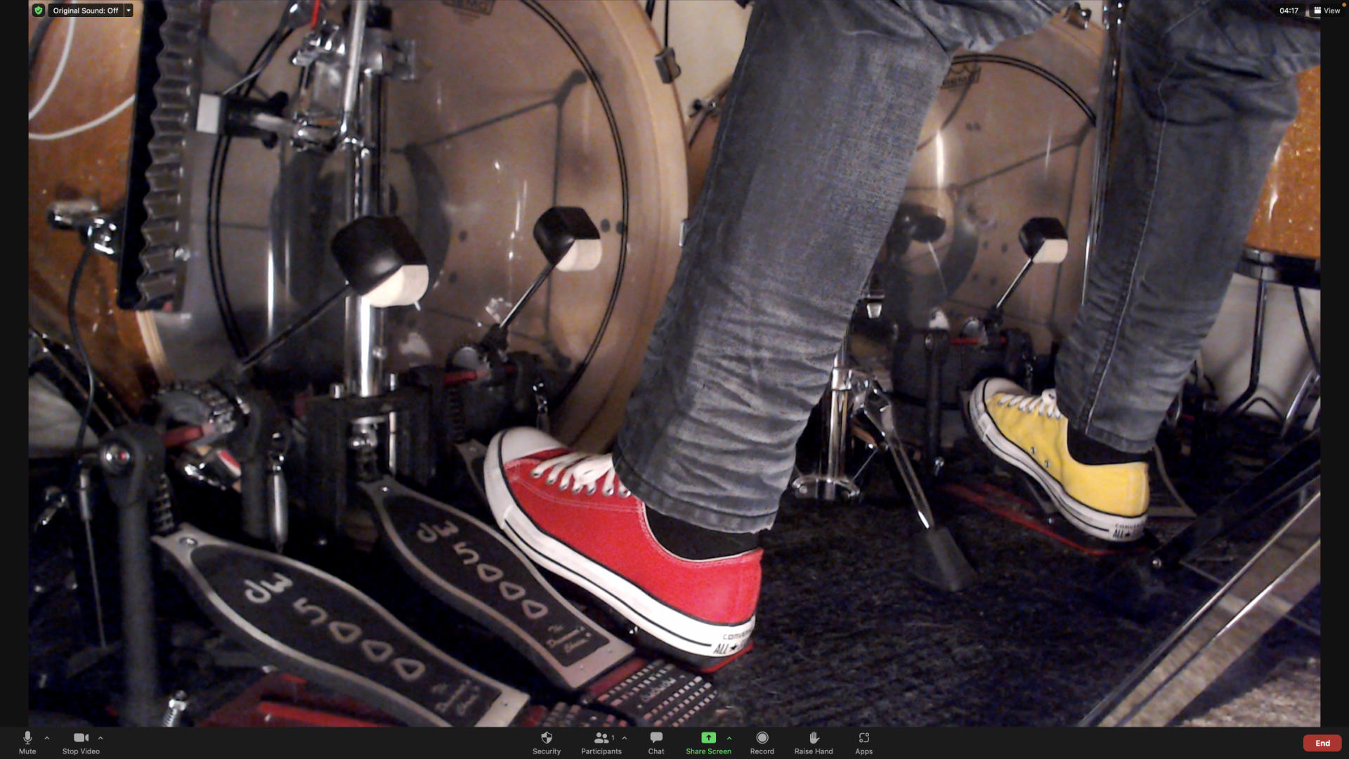 Screen showing Justin's feet playing double bass drums