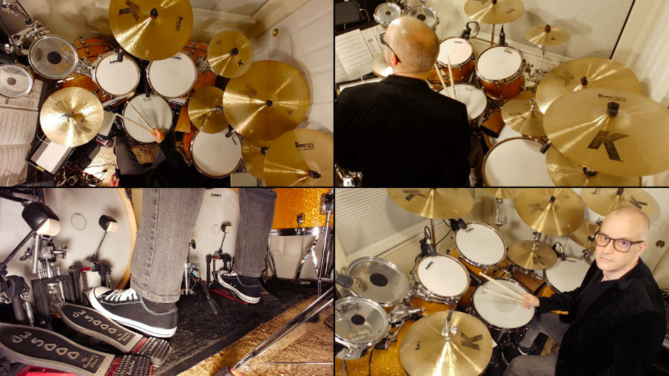 Justin Matz teaching online drum lessons with multiple overhead cams so you can see what is being played.