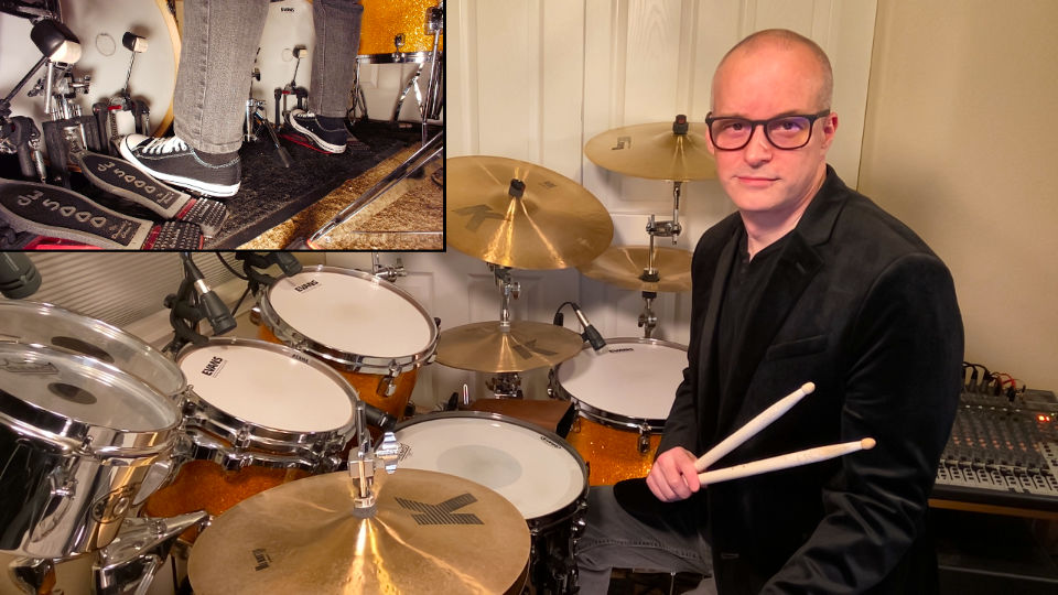 Justin Matz teaching online drum lessons with double-bass foot cam.